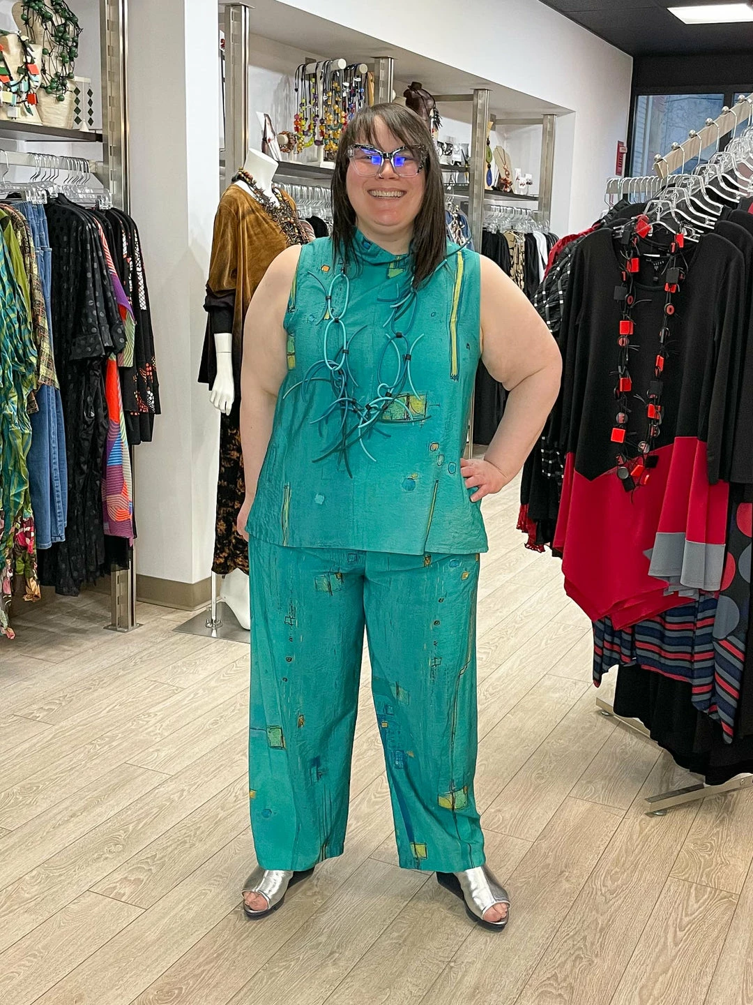 3 Potato Art Print Sleeveless Mock Neck Top, Teal Multi 5 3 Potato Art Print Sleeveless Mock Neck Top, Teal Multi