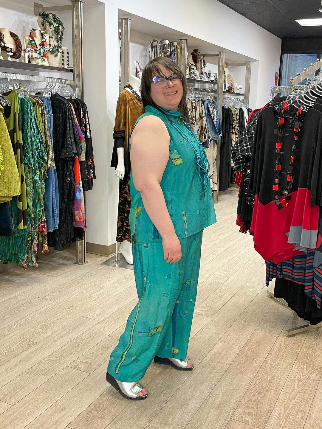 3 Potato 3 Potato Art Print Pleat Detail Relax Pant, Teal Multi 6 3 Potato 3 Potato Art Print Pleat Detail Relax Pant, Teal Multi