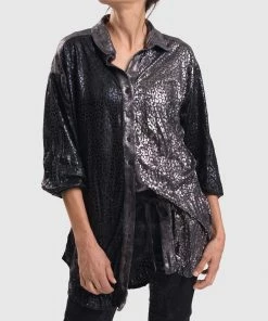 Alembika After Dark Leopard Shimmer Button Front Shirt Blouse, Multi