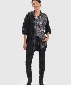 Alembika After Dark Leopard Shimmer Button Front Shirt Blouse, Multi