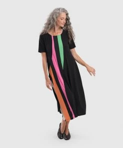 Alembika Alembika Bold Stripe Front Panel Short Sleeve Dress, Rainbow