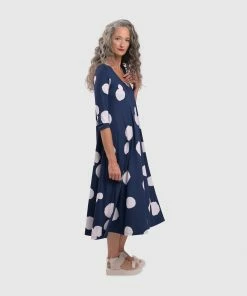 Alembika Alembika Mixed Dot V Neck A-Line Dress, Navy