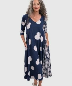 Alembika Alembika Mixed Dot V Neck A-Line Dress, Navy