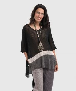 Alembika Open Knit Asymmetric V Neck Sweater, Black Alembika