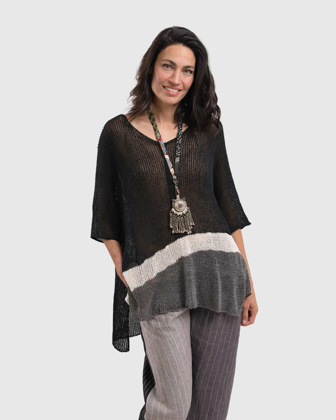 Alembika Open Knit Asymmetric V Neck Sweater, Black Alembika