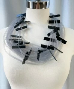Christina Brampti Christina Brampti Short Multi Strand Tulle & Acrylic Bar Necklace, Grey/Black