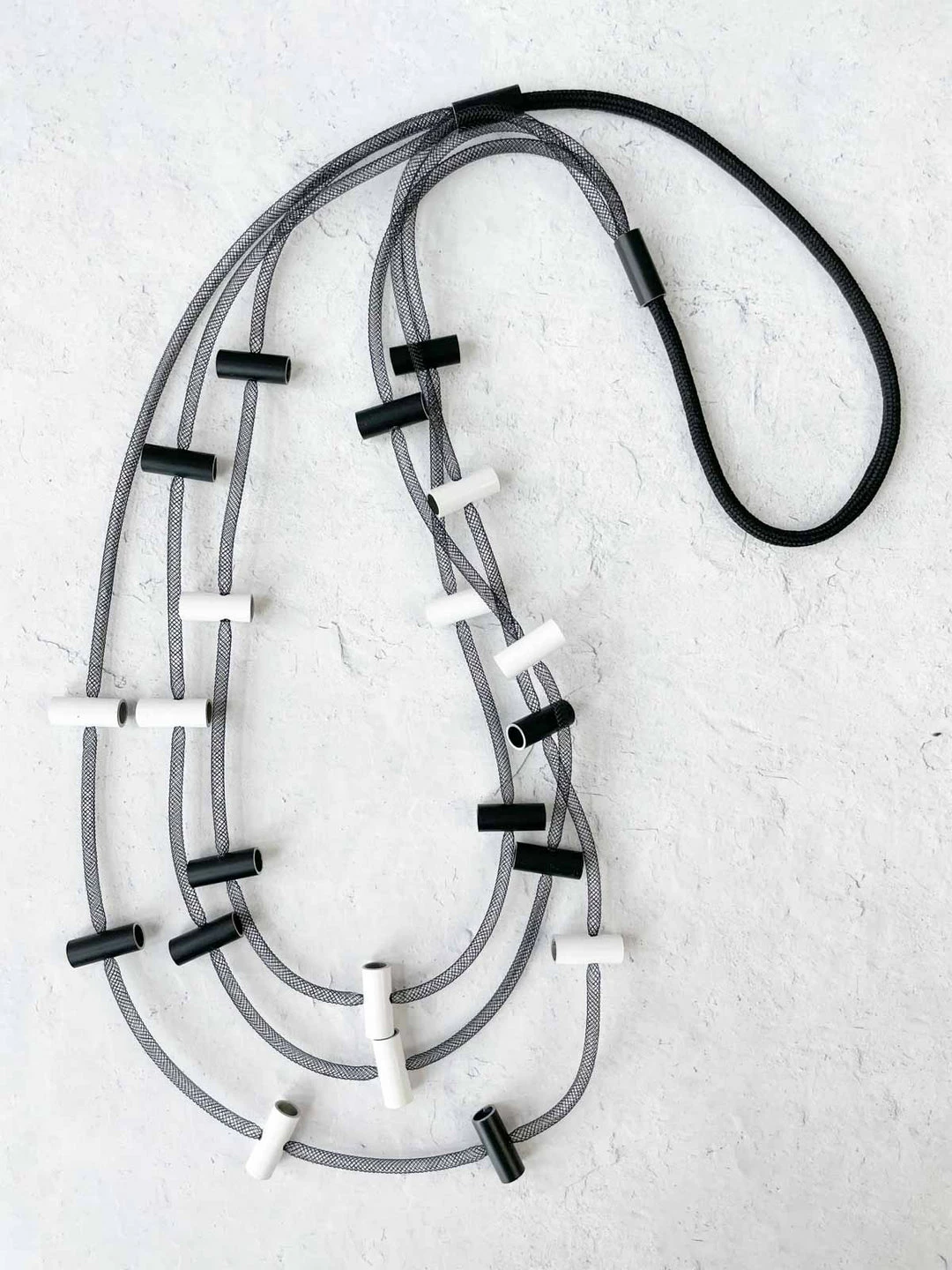 Christina Brampti 32" 3 Strand Aluminum Tube Station Necklace, Black/Silver/White