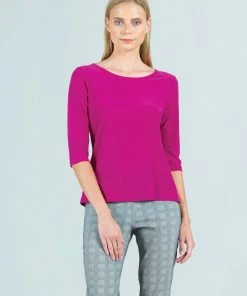 Clara Sunwoo Basic Round Neck Half Sleeve Top, Magenta Clara Sunwoo