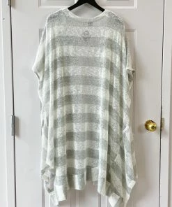 Dress To Kill Kimono, White Grey Stripe Knit Dress To Kill