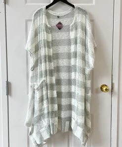 Dress To Kill Kimono, White Grey Stripe Knit Dress To Kill