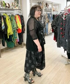 Dress To Kill Flounce Pullover, Black Netty Dots