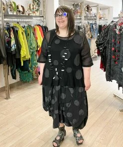 Dress To Kill Flounce Pullover, Black Netty Dots