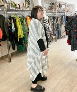Dress To Kill Kimono, White Grey Stripe Knit Dress To Kill