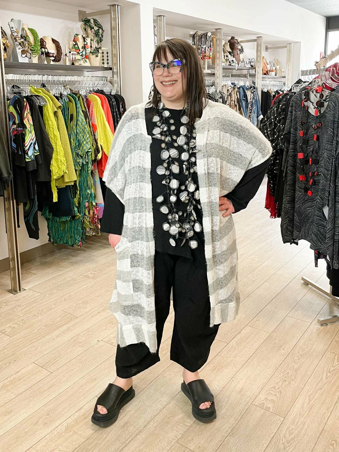 Dress To Kill Kimono, White Grey Stripe Knit Dress To Kill