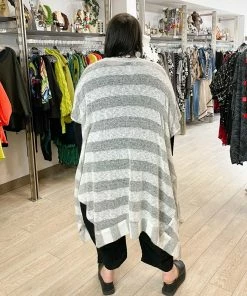 Dress To Kill Kimono, White Grey Stripe Knit Dress To Kill