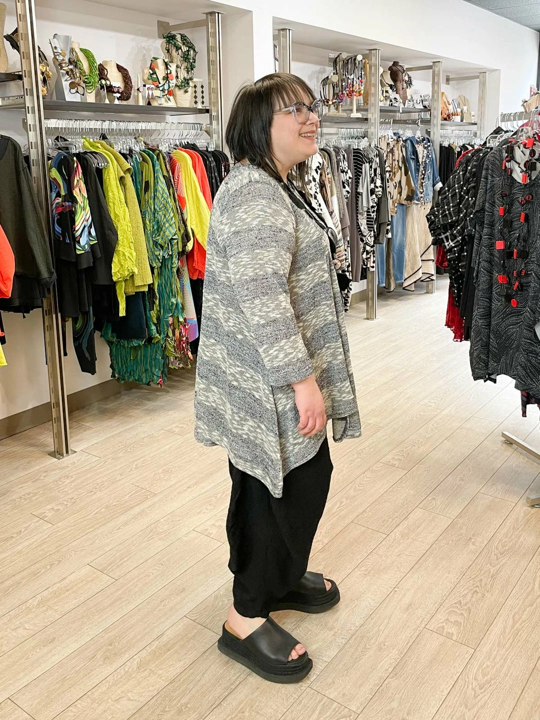 Dress To Kill Tulip Pullover, Grey Random Stripe Dress To Kill