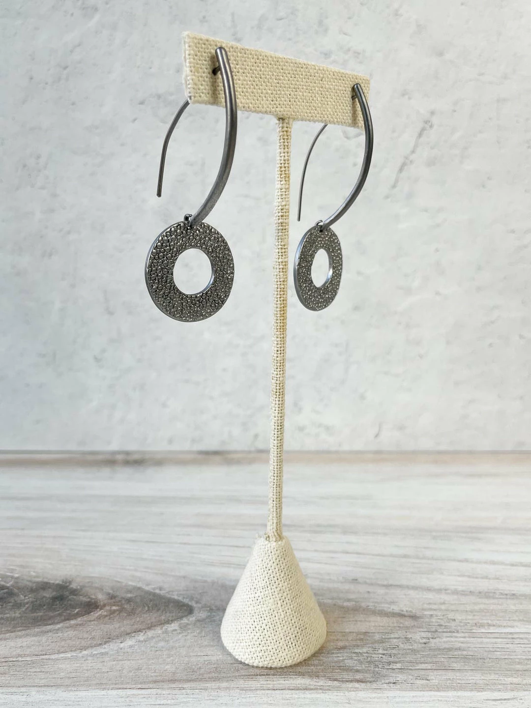 Escape From Paris Textured Circle Long Wire Drop Earrings, Gunmetal 4 Escape From Paris Textured Circle Long Wire Drop Earrings, Gunmetal