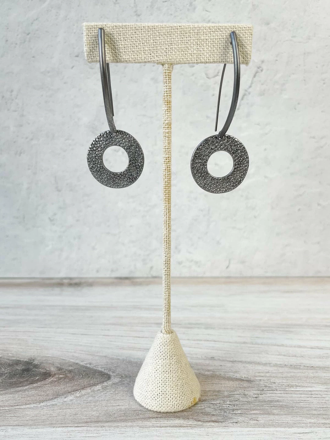 Escape From Paris Textured Circle Long Wire Drop Earrings, Gunmetal 3 Escape From Paris Textured Circle Long Wire Drop Earrings, Gunmetal