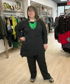 IC Collection Check Pucker Asymmetric Seam Pocket Tunic, Black IC Collection