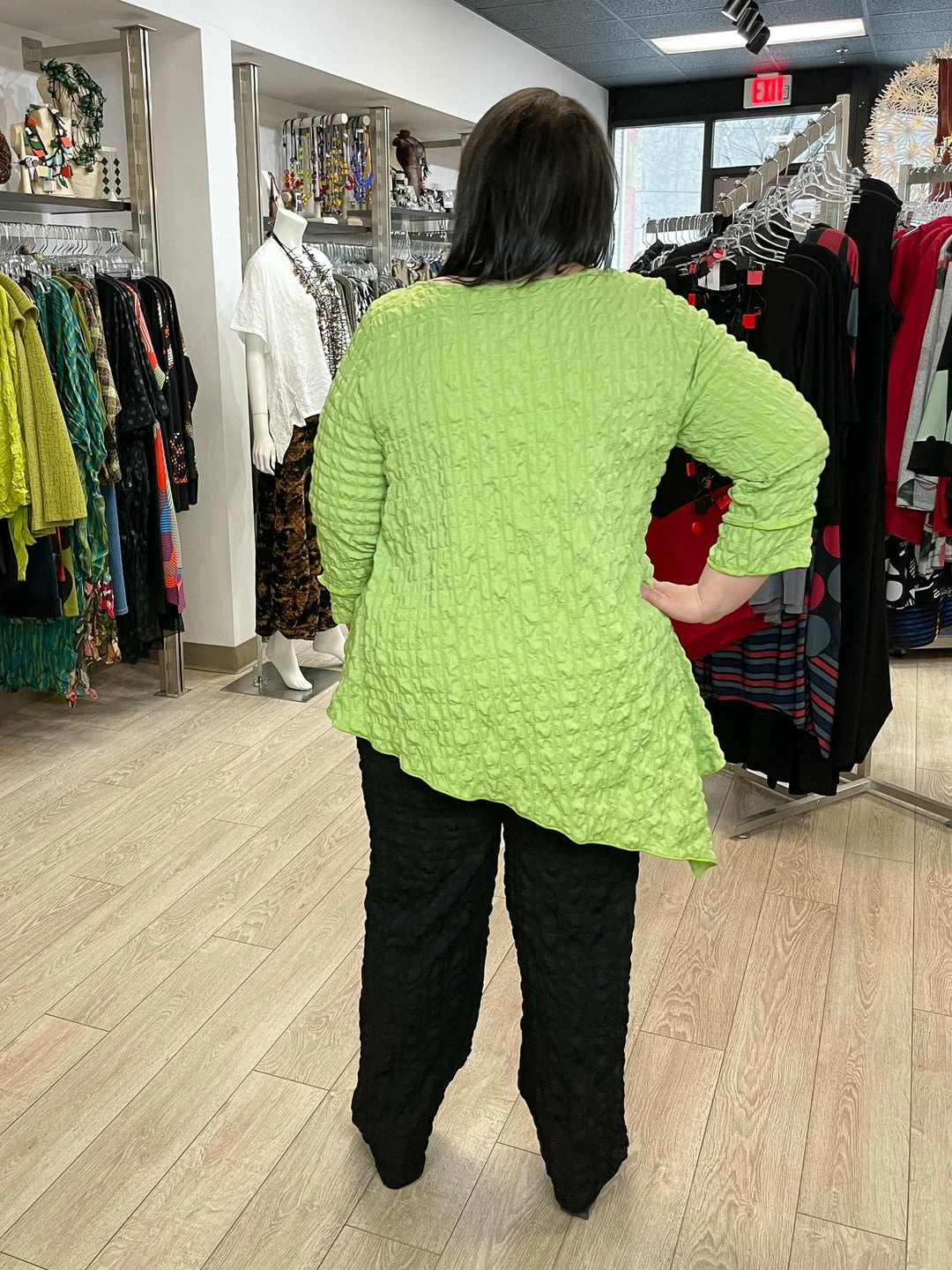 IC Collection Check Pucker Asymmetric Side Drape Top, Apple IC Collection