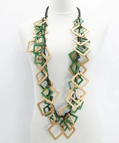 Jianhui London Jianhui London Long Mixed Squares Crochet Necklace, Gold/Green