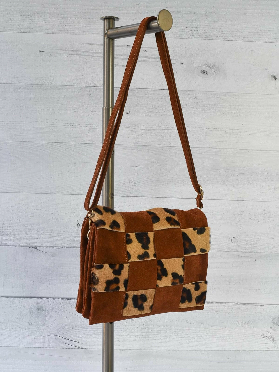 Jijou Capri Damier Mix Woven Suede Crossbody Bag, Large Cheetah Jijou Capri