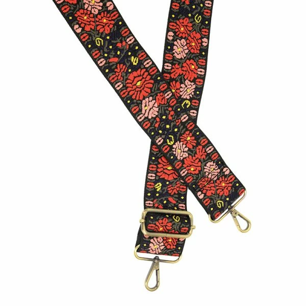 Joy Susan 2" Floral Embroidered Guitar Strap, Red/Pink