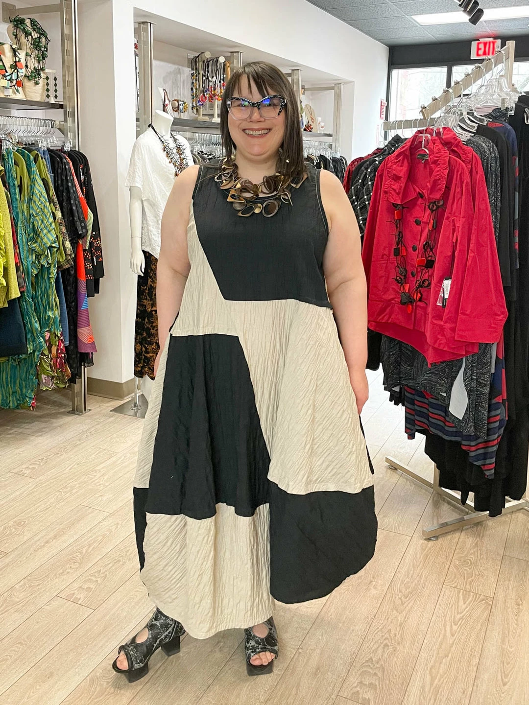 Kedem Sasson Sleeveless Cocoon Panel Dress, Black/Tan 3 Kedem Sasson Sleeveless Cocoon Panel Dress, Black/Tan