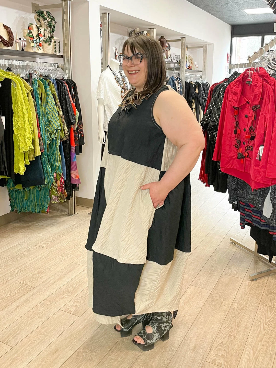 Kedem Sasson Sleeveless Cocoon Panel Dress, Black/Tan 5 Kedem Sasson Sleeveless Cocoon Panel Dress, Black/Tan