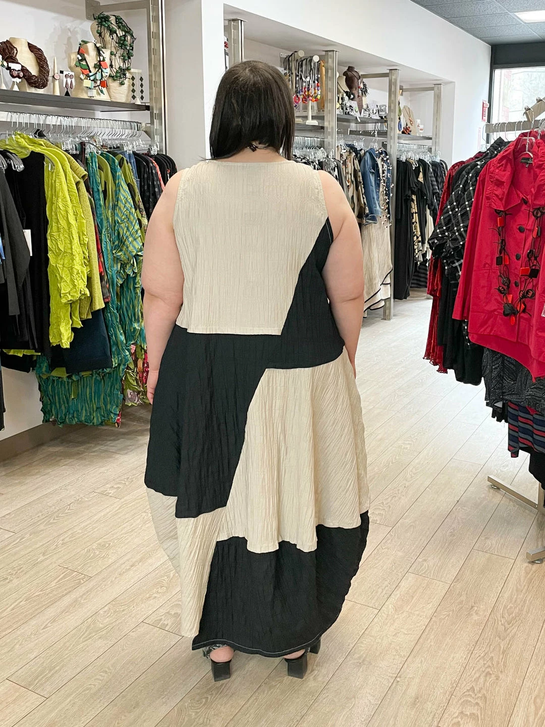 Kedem Sasson Sleeveless Cocoon Panel Dress, Black/Tan 6 Kedem Sasson Sleeveless Cocoon Panel Dress, Black/Tan