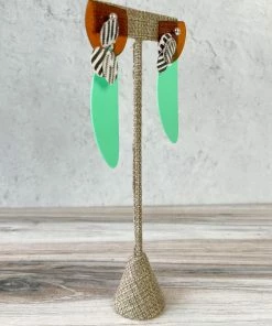 Pattern Gems Elongated Oval Earrings, Clear Orange/Mint