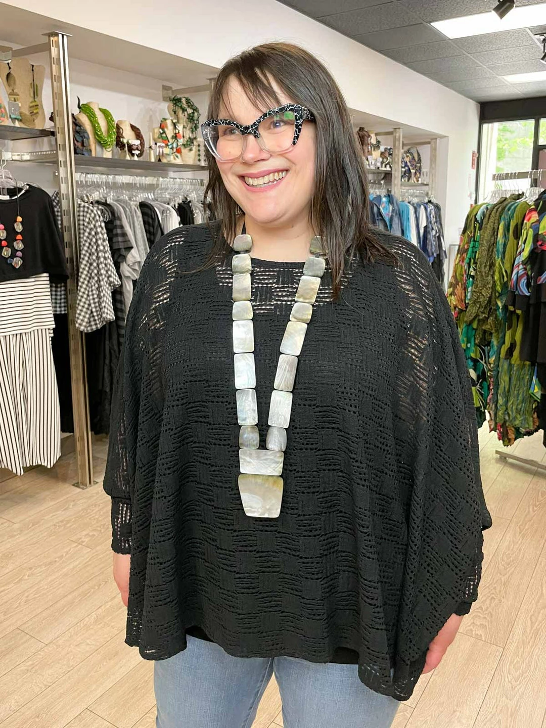 Pure Essence Crochet Oversized Poncho Top, Black Pure Essence