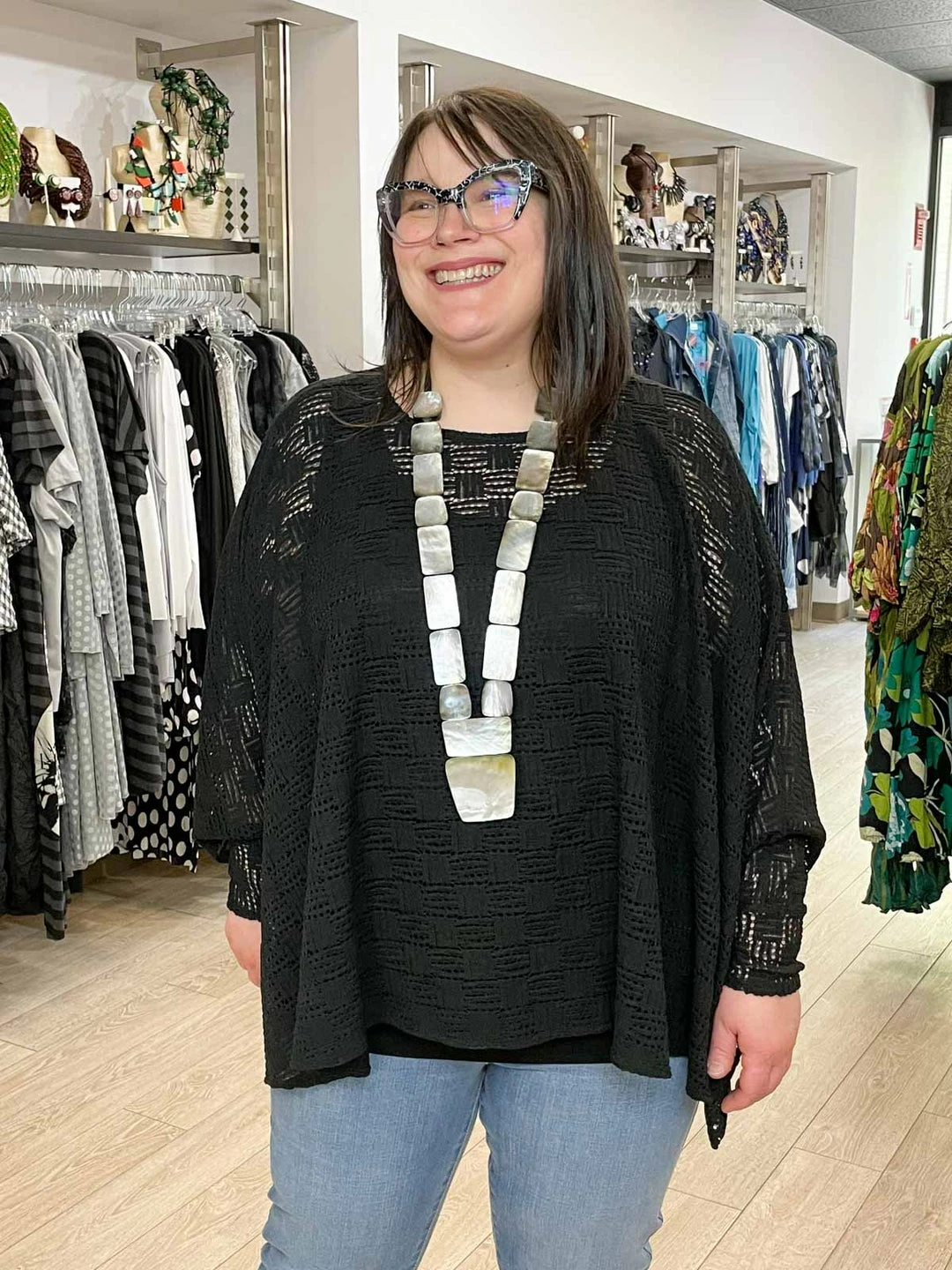 Pure Essence Crochet Oversized Poncho Top, Black Pure Essence