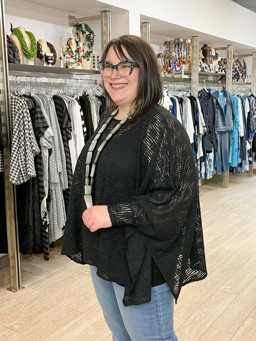 Pure Essence Crochet Oversized Poncho Top, Black Pure Essence