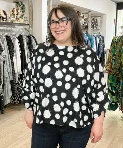 Pure Essence Dot Print Oversized Roll Tab Sleeve Top, Black/Sand Pure Essence