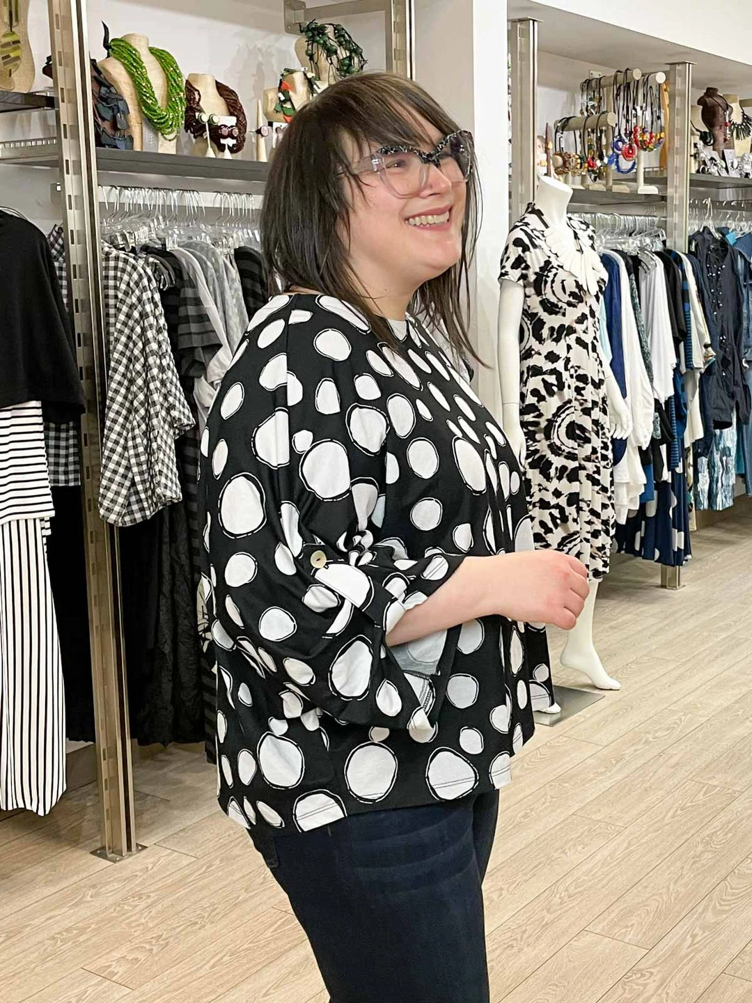 Pure Essence Dot Print Oversized Roll Tab Sleeve Top, Black/Sand Pure Essence 5 Pure Essence Dot Print Oversized Roll Tab Sleeve Top, Black/Sand Pure Essence