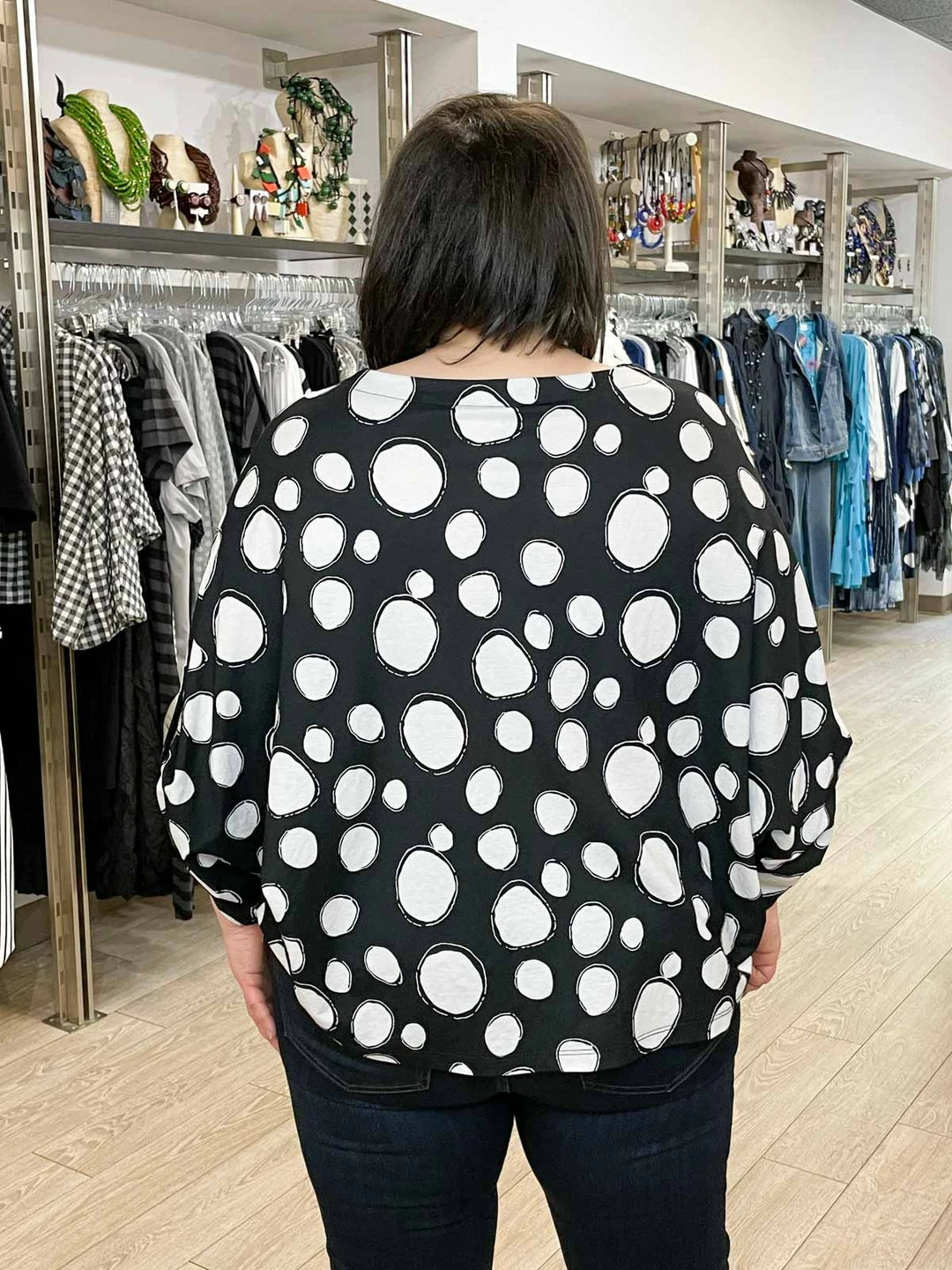 Pure Essence Dot Print Oversized Roll Tab Sleeve Top, Black/Sand Pure Essence 7 Pure Essence Dot Print Oversized Roll Tab Sleeve Top, Black/Sand Pure Essence