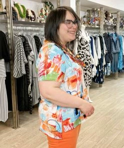 Pure Essence Printed Short Sleeve Boxy Top, Orange/Aqua/Lime