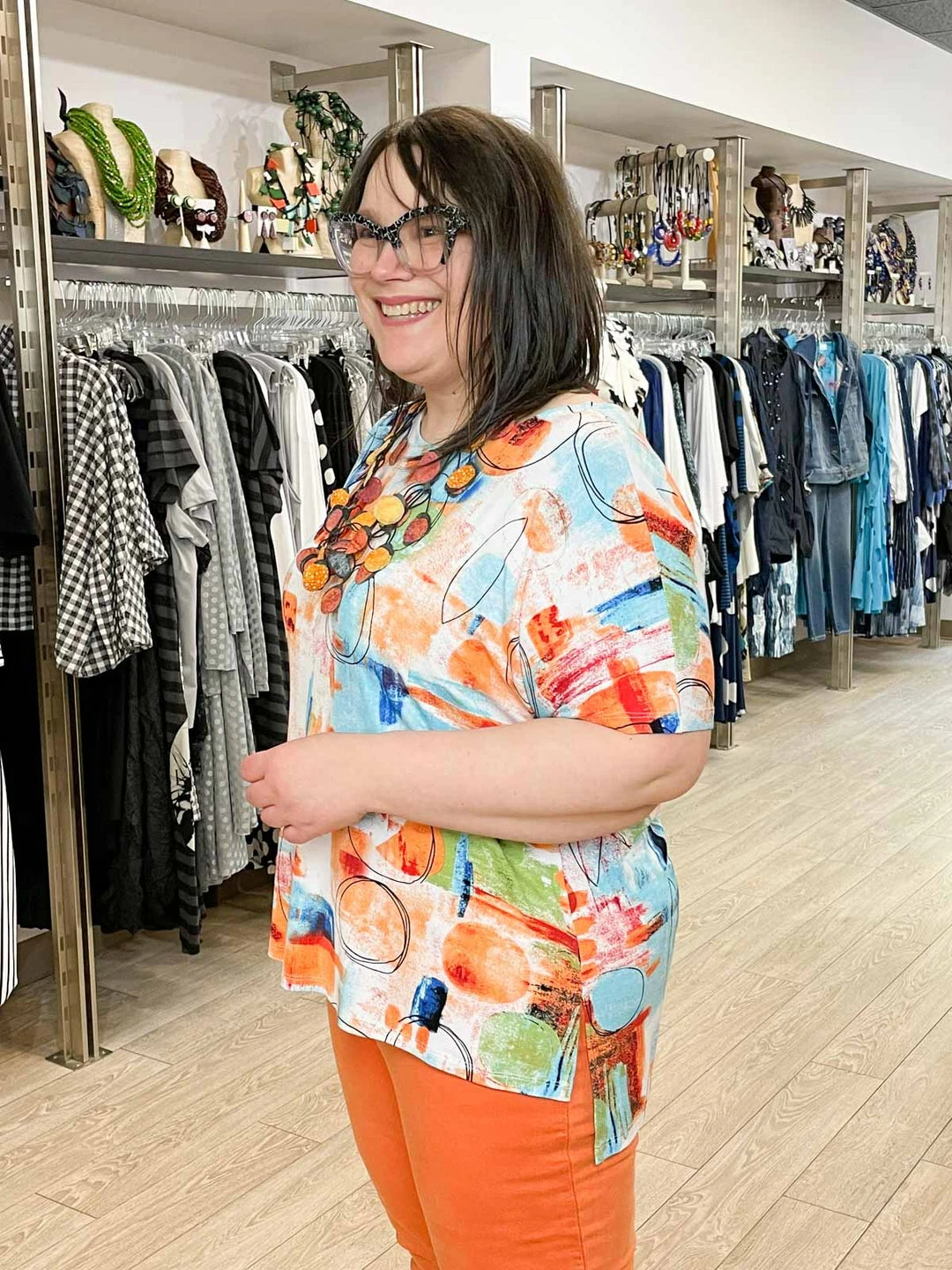 Pure Essence Printed Short Sleeve Boxy Top, Orange/Aqua/Lime 6 Pure Essence Printed Short Sleeve Boxy Top, Orange/Aqua/Lime