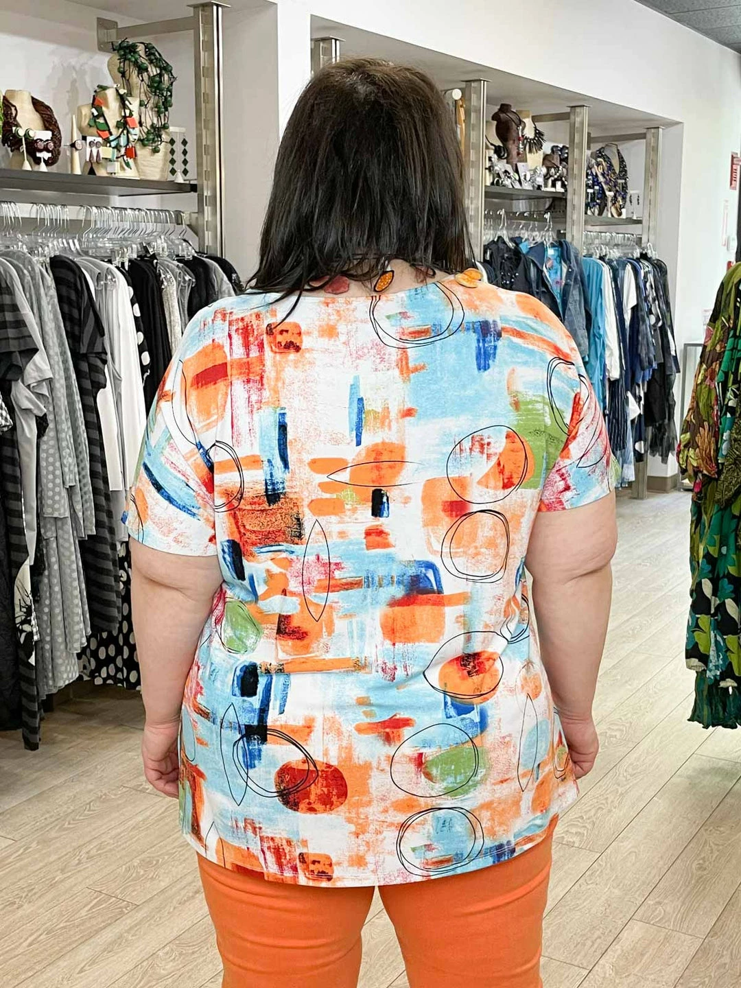 Pure Essence Printed Short Sleeve Boxy Top, Orange/Aqua/Lime 7 Pure Essence Printed Short Sleeve Boxy Top, Orange/Aqua/Lime