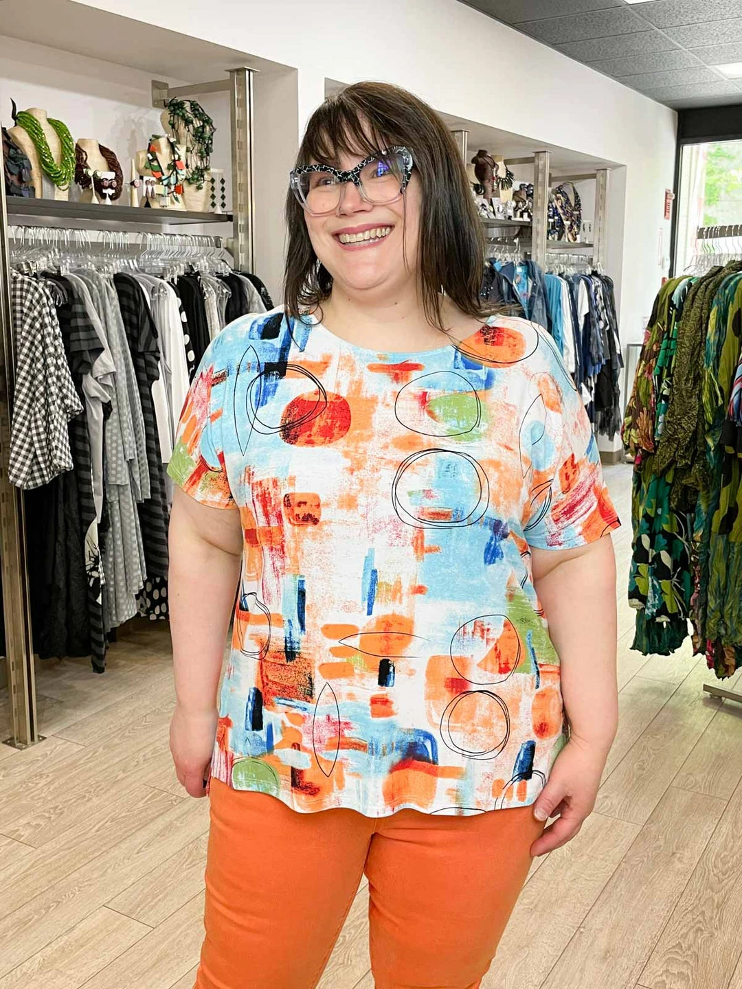 Pure Essence Printed Short Sleeve Boxy Top, Orange/Aqua/Lime 5 Pure Essence Printed Short Sleeve Boxy Top, Orange/Aqua/Lime