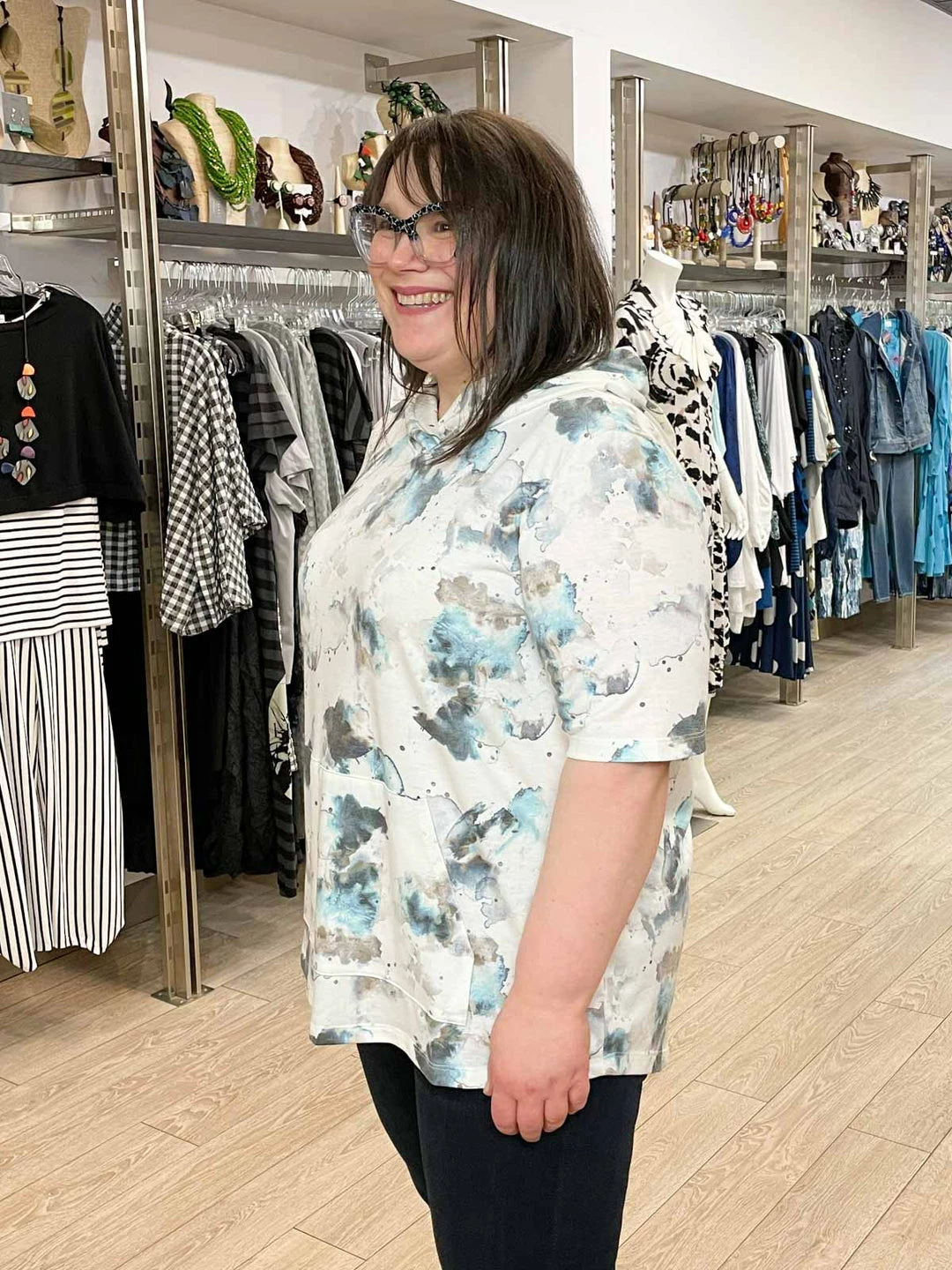 Pure Essence Short Sleeve Hoodie Top, Aqua/White Pure Essence 6 Pure Essence Short Sleeve Hoodie Top, Aqua/White Pure Essence