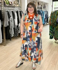 Pure Essence Pure Essence Sleeveless V-Neck Dress, Indigo/Coral/Aqua