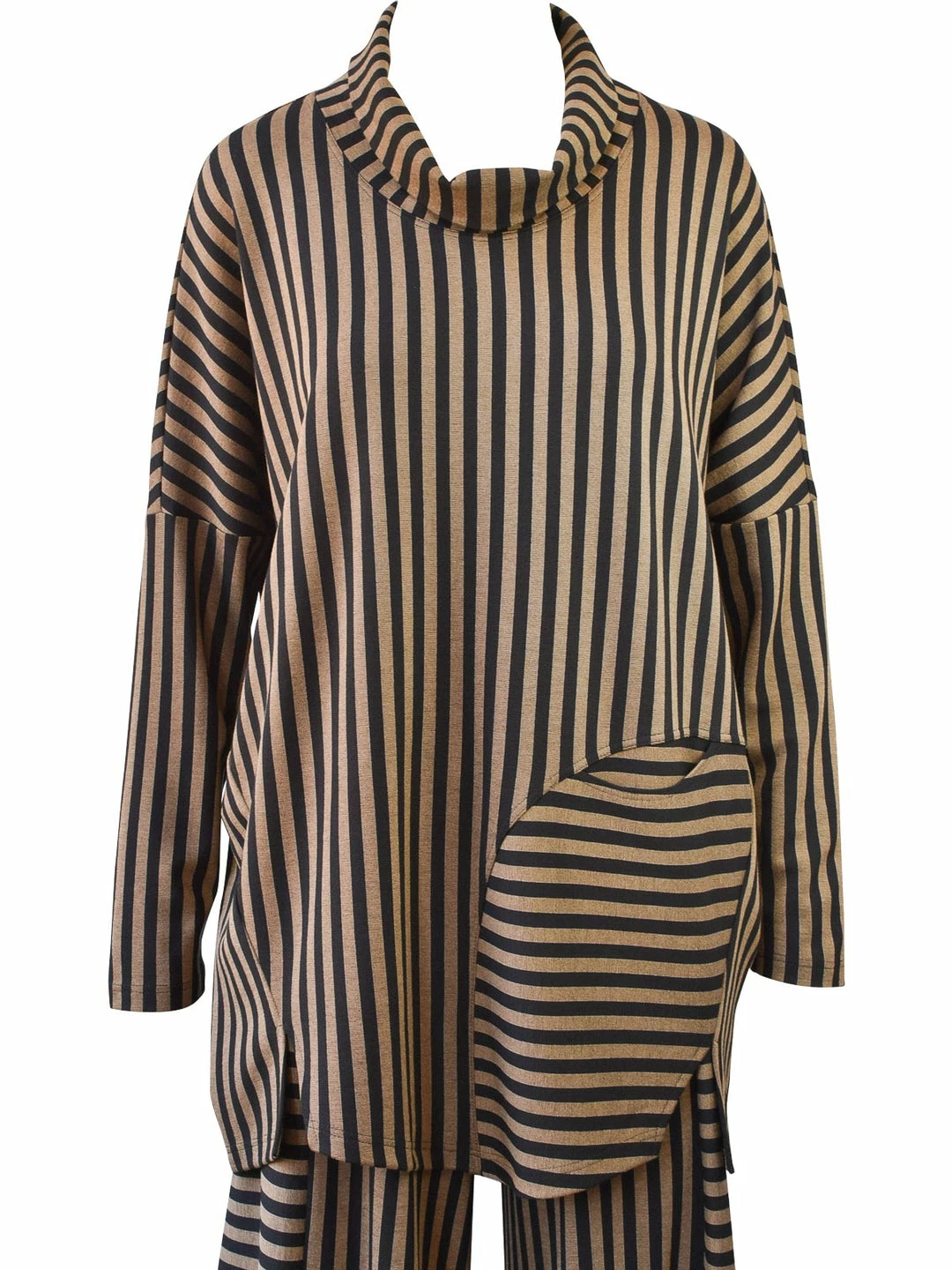 Q'Neel Q'Neel Striped Cowl Pocket Top, Black/Taupe 3 Q'Neel Q'Neel Striped Cowl Pocket Top, Black/Taupe