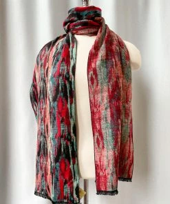 Rapti Fashion Cashmere Rectangular Scarf, Red Teal Stripes Mix