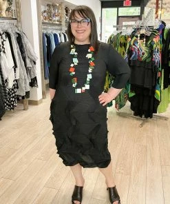 Vanite Couture Zig Zag Pleat 3/4 Sleeve Dress, Black