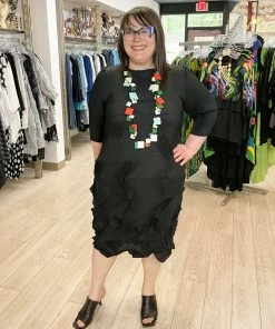 Vanite Couture Zig Zag Pleat 3/4 Sleeve Dress, Black