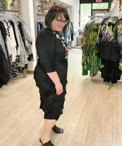 Vanite Couture Zig Zag Pleat 3/4 Sleeve Dress, Black