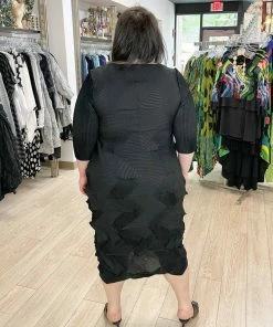 Vanite Couture Zig Zag Pleat 3/4 Sleeve Dress, Black