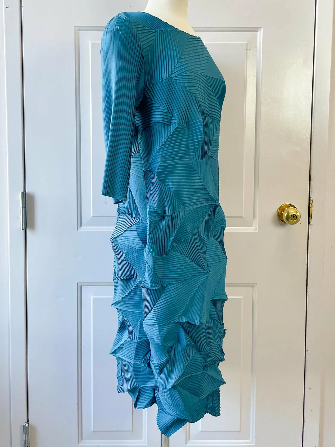 Vanite Couture Vanité Couture Zig Zag Pleat 3/4 Sleeve Dress, Teal